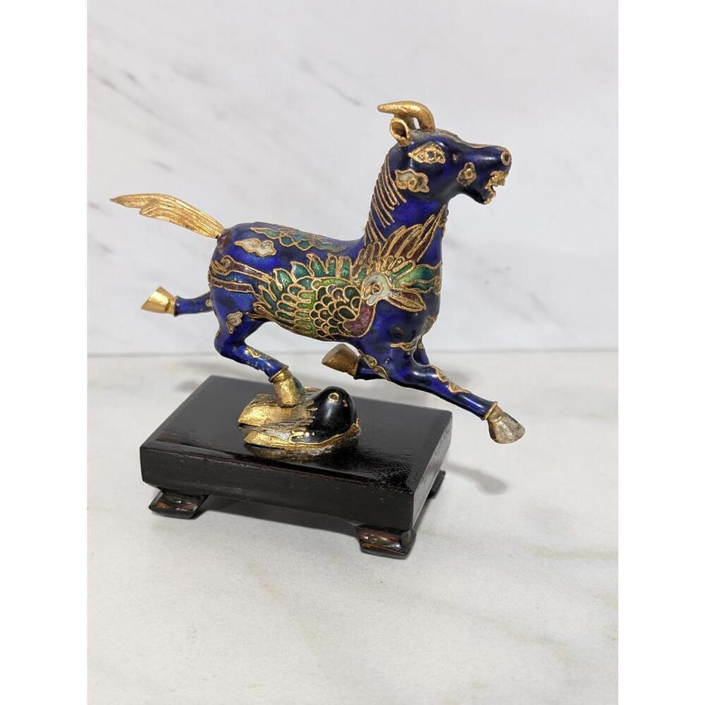 Decorative Cloisonné Horse Miniature Figurine on Black Enamel Wooden Base